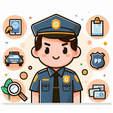 Policeman with icons set. Vector illustration in cartoon style.のイラスト素材