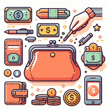 Flat line art style vector illustration of purse, wallet, credit card, pen, money, flash drive, credit card, mobile phone, wallet.のイラスト素材