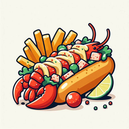 Illustration of a hot dog with french fries and vegetables. Vector illustration.のイラスト素材