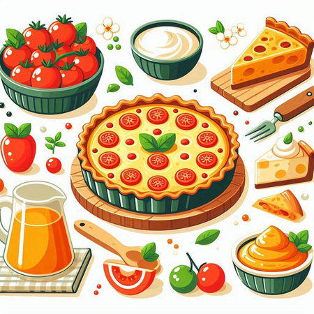 Cartoon vector illustration of ingredients for homemade pie with tomatoes, mozzarella cheese and basil.のイラスト素材