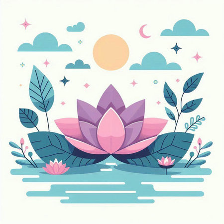 Lotus flower in the pond. Vector illustration in flat style.のイラスト素材