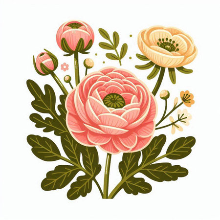 Pink peony flowers isolated on white background. Hand drawn vector illustration.のイラスト素材