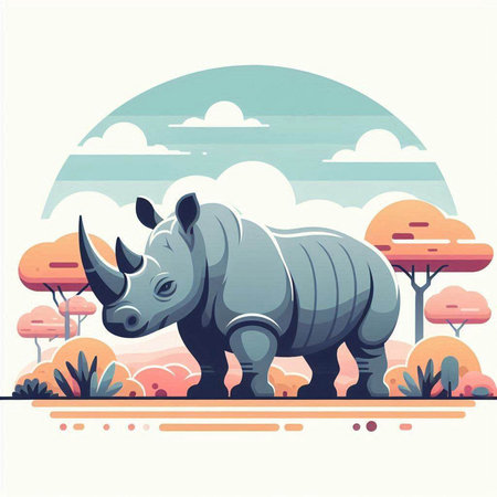 Rhinoceros in the savannah. Vector illustration in flat styleのイラスト素材