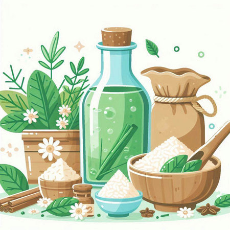 Vector illustration of herbal cosmetic products in glass bottles, mortar and pestle.のイラスト素材