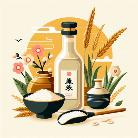 Vector illustration of Japanese rice and sake in a glass bottle on a brown background.のイラスト素材