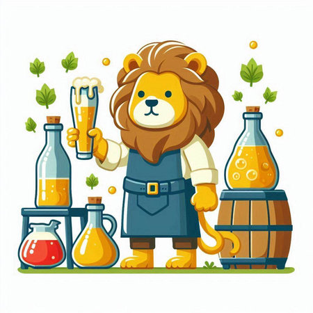 Lion with beer in a bottle and barrel. Vector illustration.のイラスト素材