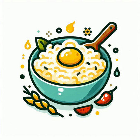 Rice porridge with egg in a bowl. Vector illustration.のイラスト素材