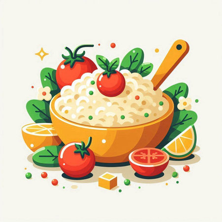 Rice porridge in a bowl with tomatoes and herbs. Vector illustration.のイラスト素材