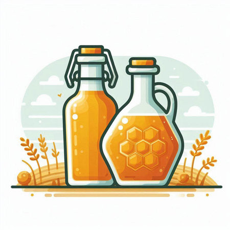 Olive oil in a bottle and a jar. Vector illustration.のイラスト素材