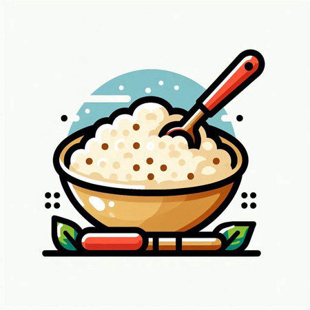 Vector illustration of a bowl of porridge with spoon and chopsticks.のイラスト素材