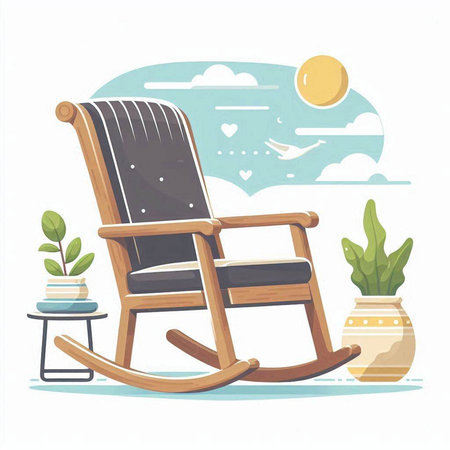 Illustration of rocking chair with flowerpot and sun on white backgroundのイラスト素材