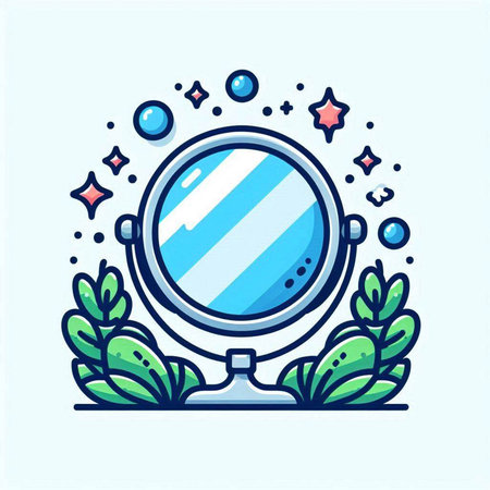 Vector illustration of a round mirror with leaves and stars on a light blue background.のイラスト素材