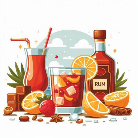 Alcoholic drinks. Cocktail with ice, fruits and spices. Vector illustrationのイラスト素材