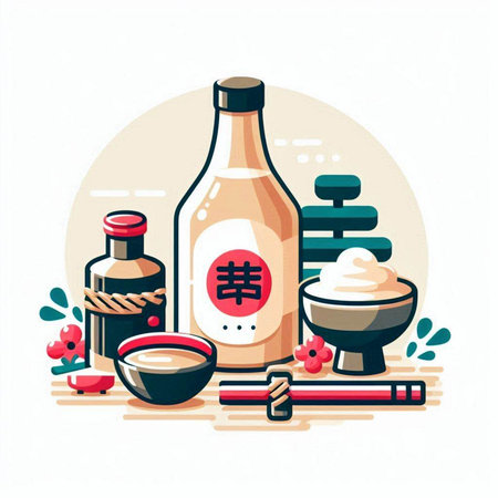 Japanese food flat vector illustration. Sushi, soy sauce, sashimi, sake and chopsticks.のイラスト素材