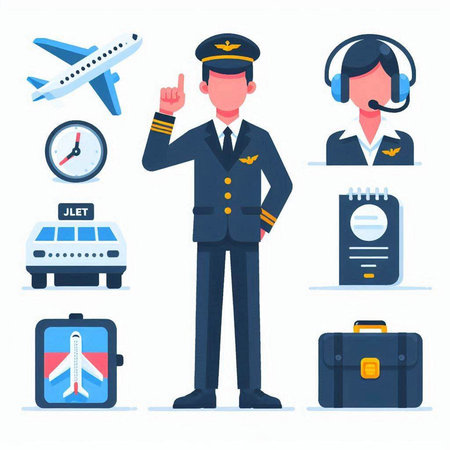 Airport pilot avatars in flat style. Vector illustration of pilot with airplane, passport, ticket, stopwatch, clock, briefcase, passport, watch.のイラスト素材
