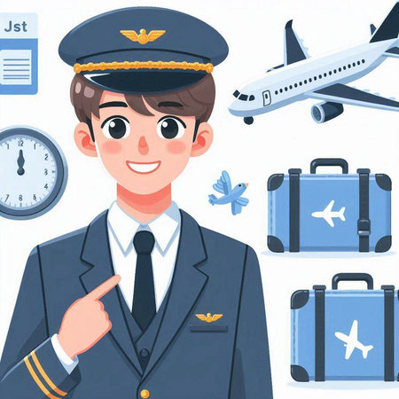 Pilot in uniform with luggage and airplane on background. Vector illustrationのイラスト素材