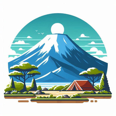 Mt. Fuji and camping in the forest. Vector illustration.のイラスト素材