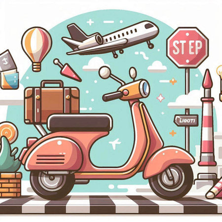 Travel background with vintage scooter, airplane and road signs. Vector illustration.のイラスト素材