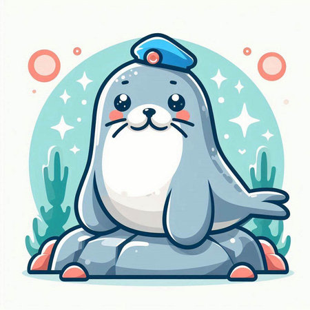 Cute seal in a cap sits on a stone. Vector illustration.のイラスト素材