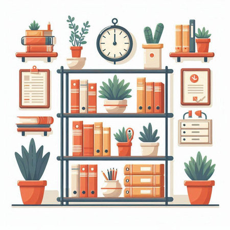 Bookshelves with plants and clocks. Vector illustration in flat styleのイラスト素材