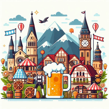 Mug of beer on the background of the old city. Vector illustrationのイラスト素材