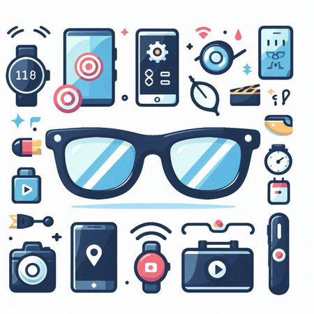 Sunglasses and gadgets icons set. Vector illustration in flat styleのイラスト素材