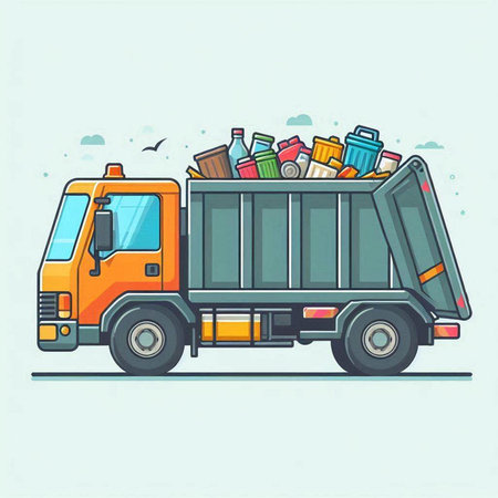 Garbage truck. Vector illustration of garbage truck with different trash.のイラスト素材