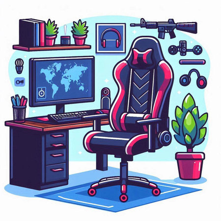 Vector illustration of an office chair with a computer on the table.のイラスト素材