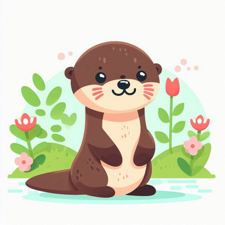 Cute otter sitting in the grass. Vector illustration in cartoon style.のイラスト素材