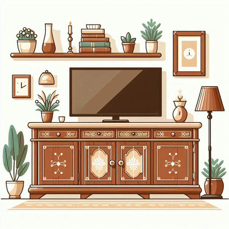 Illustration of a living room interior with furniture, TV and plantsのイラスト素材