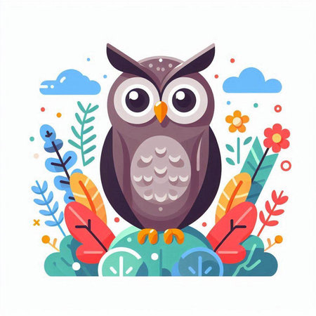 Owl with flowers and leaves. Vector illustration in flat style.のイラスト素材