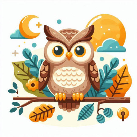 Owl sitting on a branch in the forest. Vector illustration.のイラスト素材