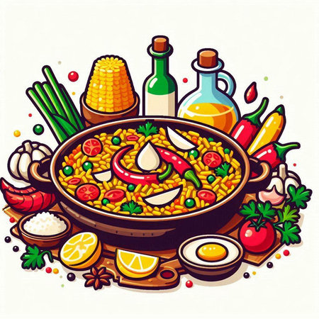 Illustration of a bowl of paella with ingredients on the backgroundのイラスト素材