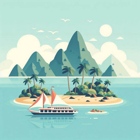 Illustration of a tropical island with palm trees, sailboat and mountains.のイラスト素材