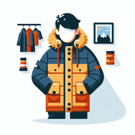 Winter clothing. Man in a warm jacket and hat. Vector illustrationのイラスト素材