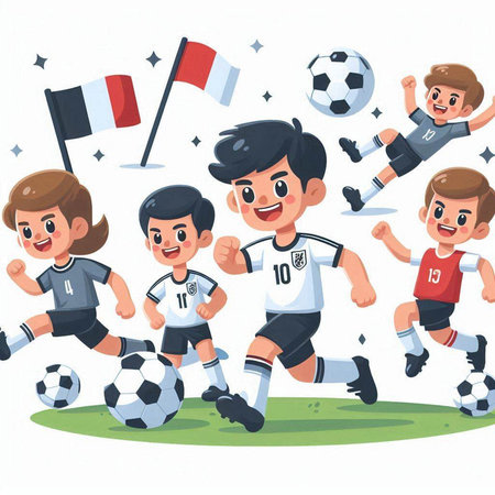 Cartoon soccer player characters on the field. Vector illustration isolated on white background.のイラスト素材