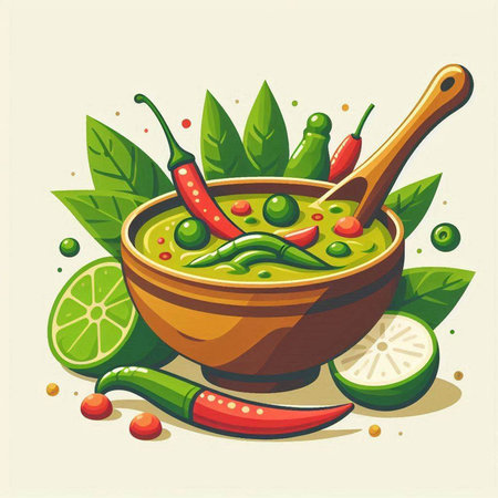 Spicy green curry in wooden bowl with ingredients. Vector illustration.のイラスト素材