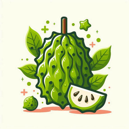 Cherimoya fruit with leaves and slices. Vector illustration.のイラスト素材