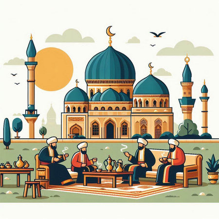 Vector illustration of Muslim men drinking coffee in front of mosque in the eveningのイラスト素材