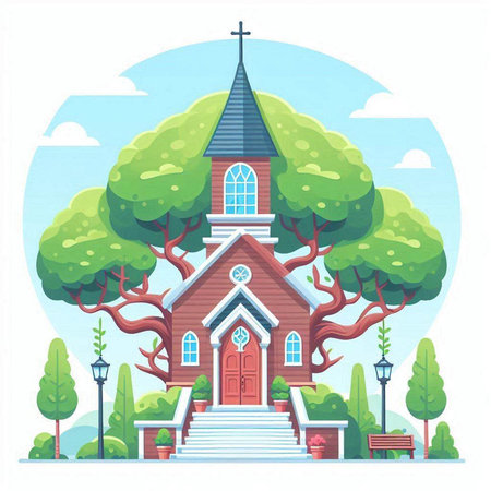 Church building with tree. Vector illustration in flat cartoon style on white background.のイラスト素材