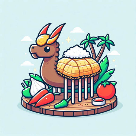 Illustration of alpaca eating sushi on a wooden platform.のイラスト素材