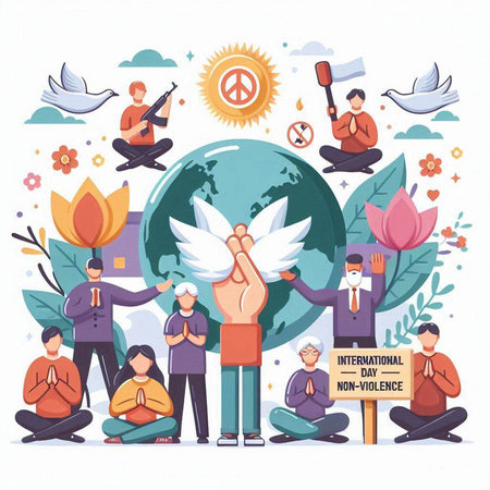 International peace day concept. People praying with peace signs and symbols around planet Earth. Vector illustrationのイラスト素材