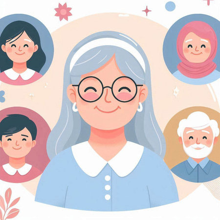 Elderly woman with family portraits on white background. Vector illustration.のイラスト素材