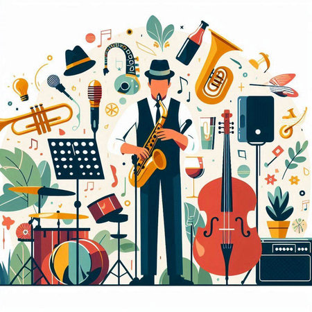 Musical instruments background. Vector illustration in flat style. Musician with saxophone and trumpet.のイラスト素材