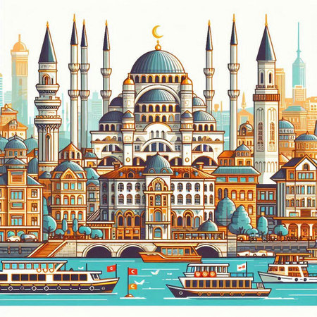 Cityscape of Istanbul, Turkey. Vector illustration in vintage style.のイラスト素材