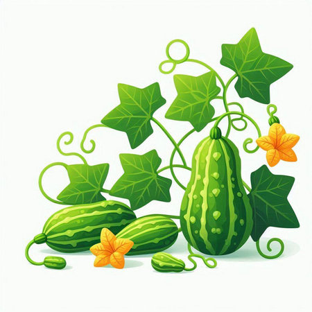 Bitter melon with leaves and flowers isolated on white background.のイラスト素材