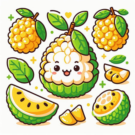 Cute kawaii cartoon fruit character set. Vector illustration.のイラスト素材