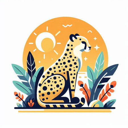 Cheetah vector illustration in flat style on white background with sun and leavesのイラスト素材