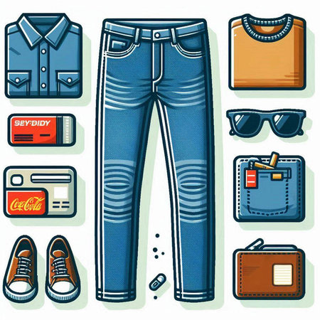 Vector set of fashion icons. Jeans, jeans, shirt, sunglasses, wallet, wallet, credit card, credit card.のイラスト素材