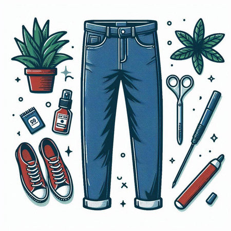 Vector illustration of men's accessories. Jeans, nail polish, scissors, nail file, scissors, comb, spray.のイラスト素材